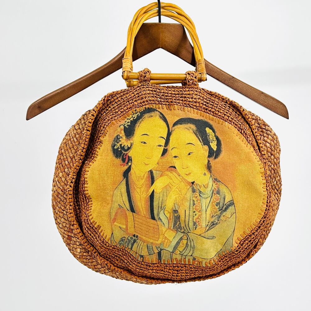 Rare 90s Chico’s Round Woven Straw Bag Purse w Chinese Asian Women